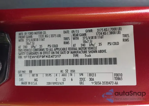 2015 Ford F-150 Xlt из США, поврежденный, VIN 1FTEW1EF9FKE47317